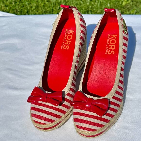 NEW KORS Michael Kors Tomato Red Bow Striped Straw Espadrille Wedge Size 7.5 - Picture 7 of 13